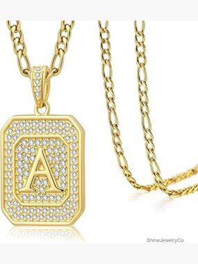 14K Gold Initial Necklace, Monogram Alphabet Pendant with Figaro Chain, Gift
